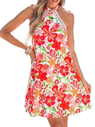 Image of CUPSHE Women Lace Trim Summer Dress Halter High Neck with Tie Backless A Line Lining Casual Sundress Holiday Mini Dress