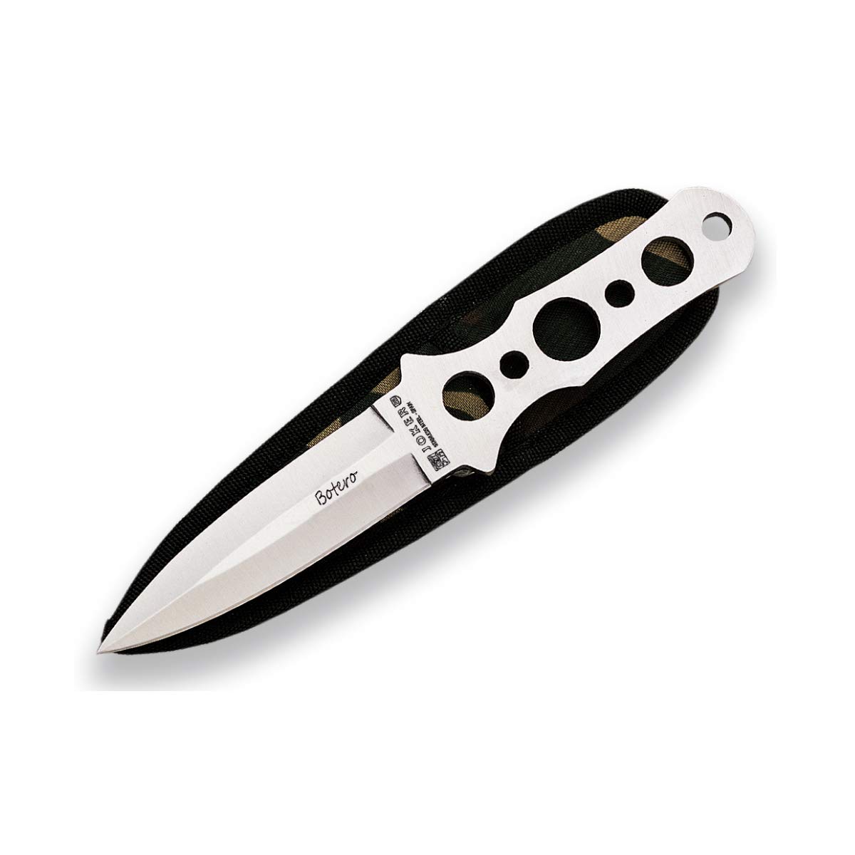 Joker Throwing Knife Botero LL62, MOVA Blade 4.52 inches, with Nylon Sheath, MOVA Steel Handle with Holes, Tool for Fishing, Hunting, Camping and Hiking.