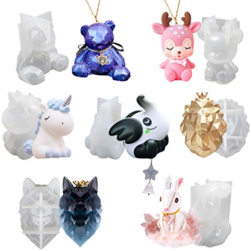 FUNSHOWCASE 3D Animals Epoxy Resin Silicone Molds Set Unicorn Lion Wolf Elephant Deer Rabbit Bear Jewelry Casing Supplies 7-Count, Height 2.6-3inch