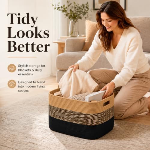 Image of 19.2GAL Sturdy Large Laundry Basket with Handles for Dirty Clothes, Portable Aesthetic Boho Cute Woven Storage Blanket Baskets for Living Room Decor and throws pillows Kids Toys Bath Towle Khaki Black