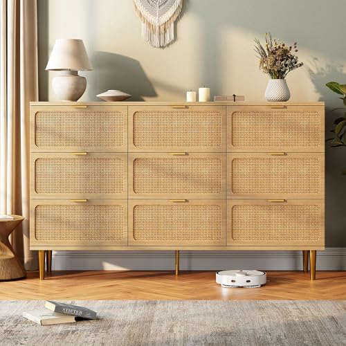GarveeHome Rattan 9 Drawer Dressers for Bedroom Tall Dresser with Deep Drawers Large Chest of Drawers for Closet with Wide Top Long Wooden Dresser for Living Room Hallway Kids Room Natural