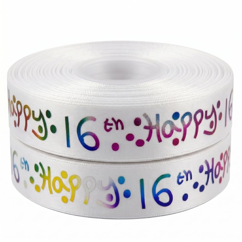 Happy 16th Birthday Ribbon White Multi Colour Satin 25mm x 2m Birthday Ribbon for Gift Wrapping Ribbons for Gift Wrapping, Cakes Birthday Decorations Cards