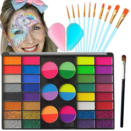 Image of Face Painting Kit, 44 Colors Professional Face Paint Makeup Kit Non-Toxic Water Activated Facepaint Palette with Brush, Sponge for Party Halloween Christmas (44 Colors)