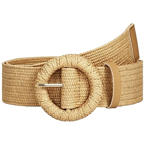 XMQBIEE Womens Boho Straw Woven Raffia Waist Belt with Round Square Buckle for Summer Dresses Jeans and Shorts