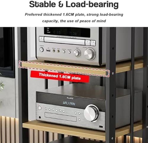 Close-up of a thickened shelf plate supporting audio equipment.