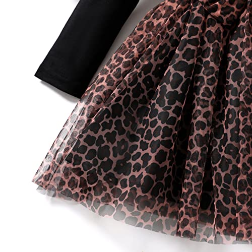 Patpat Toddler Dress Toddler Girl Leopard Print Mesh Splice Bowknot Design Long Sleeve Dress #TOP2
