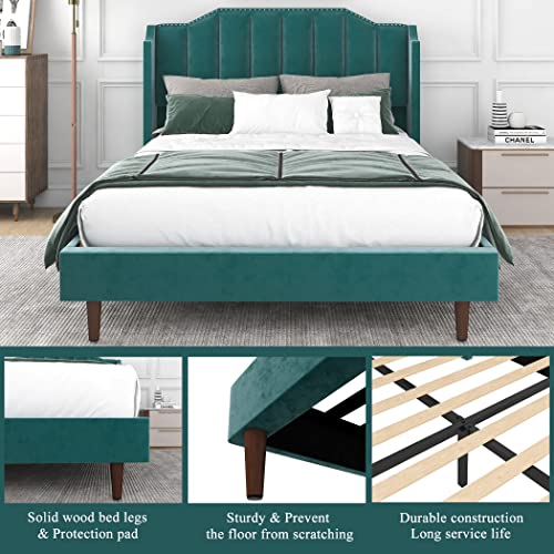 Olivae Green Velvet Queen Bed Frame Upholstered Platform Bed Frame Queen Teal Green Bed Frame/Queen Size Headboard Bed Frame/Modern Bed Frame Nailhead Trim/Wood Slat Support/Easy Assembly #TOP2