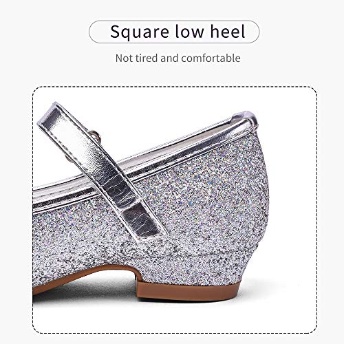 Stelle Girls Dress Shoes Glitter Princess Shoe Flower Mary Jane Low Heels Party Wedding Prom Footwear for Toddler Kids(T08-Silver, 7MT) - Thumbnail 6