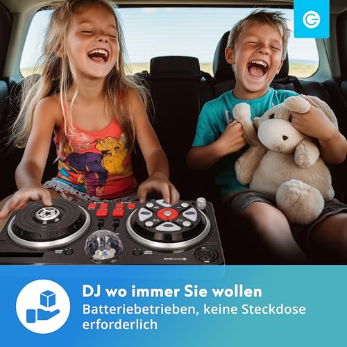 Silvergear® DJ-Set für Kinder | DJ Pult für Anfänger mit Discokugel | 46 Soundeffekte | AUX-Kabel für Eigene Musik | Tragbares DJ Equipment | Batteriebetrieben | 39.3 x20.5x6.4 cm | Schw
