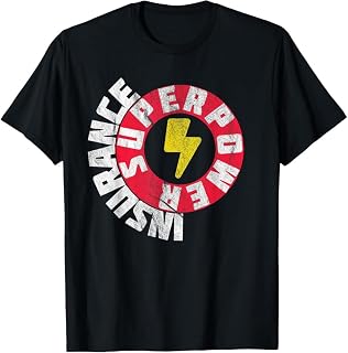 Black Retro T-Shirt with Super Power Insurance Lightning Bolt Graphic in Red Yellow Distressed Style