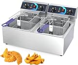 Freidora comercial, freidora eléctrica, freidora eléctrica de mostrador de 10 LX 2 con cesta, control de temperatura ajustable, temporizador de 60 minutos para freír alitas de pollo Buffalo, nuggets