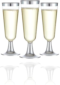 N9R 24pcs Plastic Champagne Flutes with Silver Rim, Clear Disposable Champagne Glasses 5 Oz, Perfect for Wedding and Party Toasting