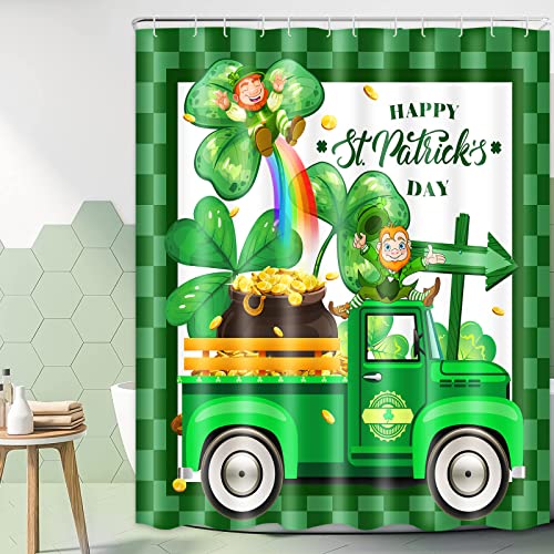 Claswcalor 4 Pcs St Patricks Day Shower Curtain Set With Rug, Toilet Lid Cover And Bath Mat, Green Shamrock Leaf Shower Curtain With Hooks, Buffalo Check Plaid Truck Shower Curtains For Bathroom Decor #TOP1