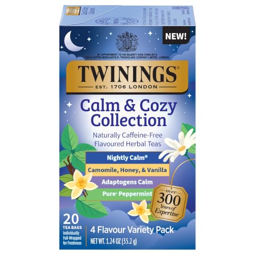 Image of Twinings Calm & Cozy Bedtime Herbal Tea Variety, 20 Count, Pack of 1 | Assorted Relaxing 4 Flavours, Naturally Caffeine-Free, Enjoy Hot or Iced, 20 Teabags