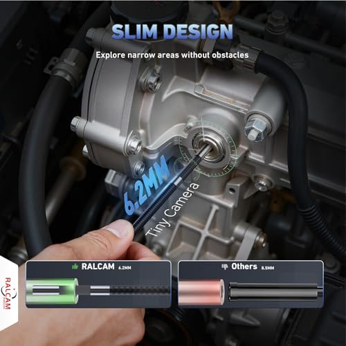Image of Ralcam 360 Articulating Borescope, 6.2mm /0.24in Slim Probe | 4X Zoom, Joystick 4 Ways Endoscope Inspection Camera with Light for Automotive Engine, HVAC, Mechanics