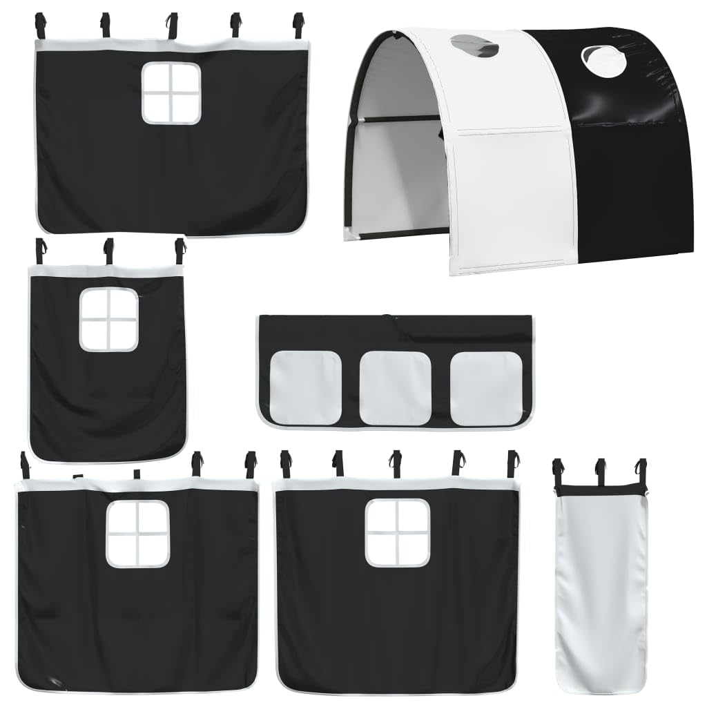 Vorhänge für Hochbett mit Tunnel in Weiß und Schwarz aus Polyester für Kinderzimmer, inklusive Aufbewahrungstaschen, Befestigungshilfen und langlebiges Material