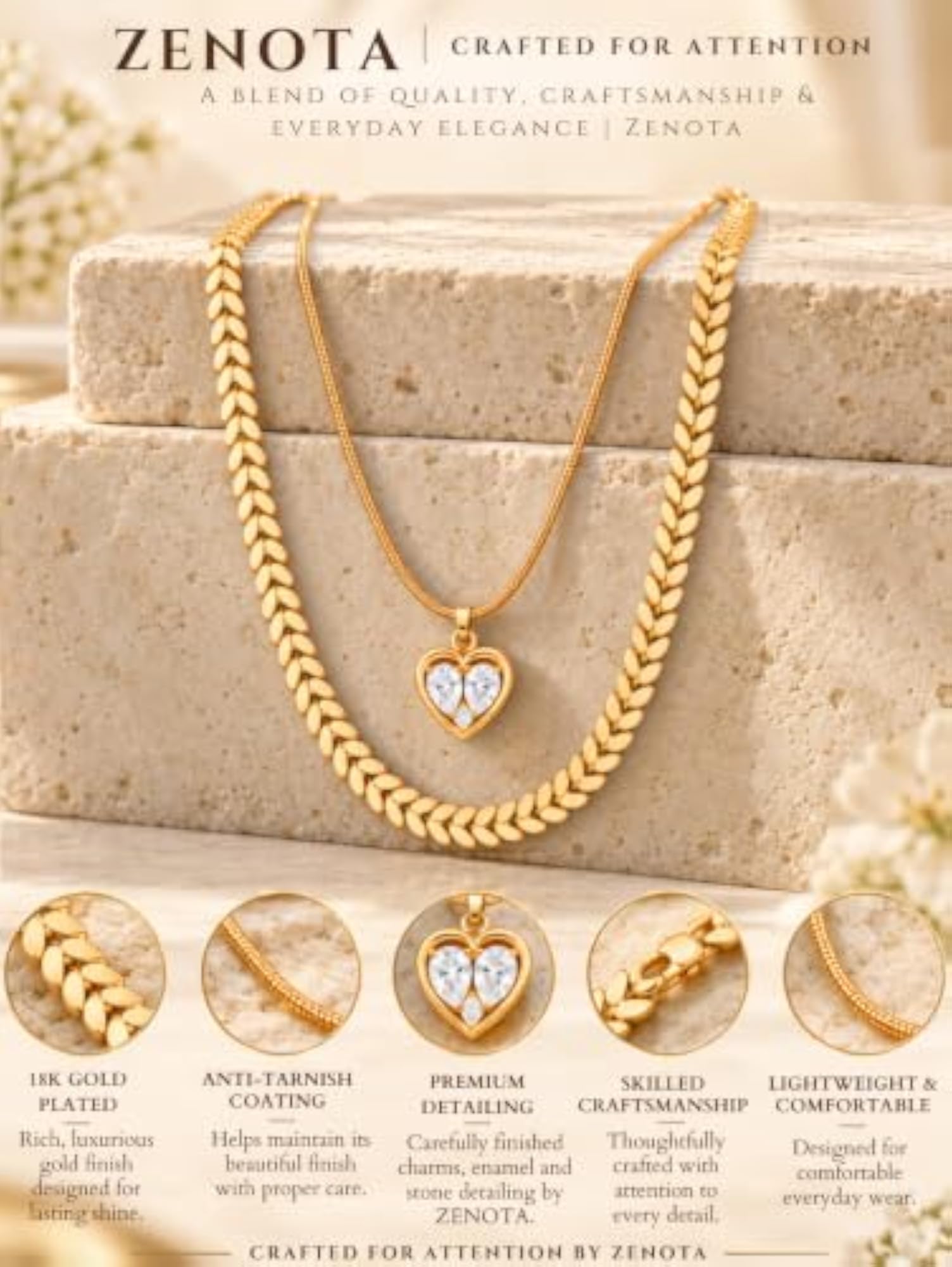 Women's 2 Chain Layer Necklace with Purple Flower & Heart Pendants