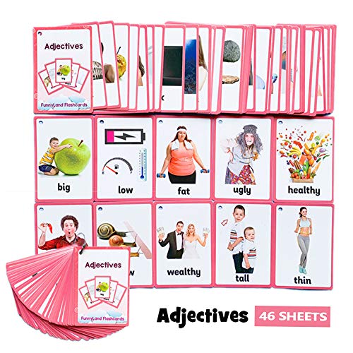 LinGO Flash Cards, Portátil Tarjetas Flash Impermeable Flashcards Tarjeta De Aprendizaje De Palabras En Inglés Ayudas De Enseñanza para Maestros para La Educación Infantil Temprana,Adjectives