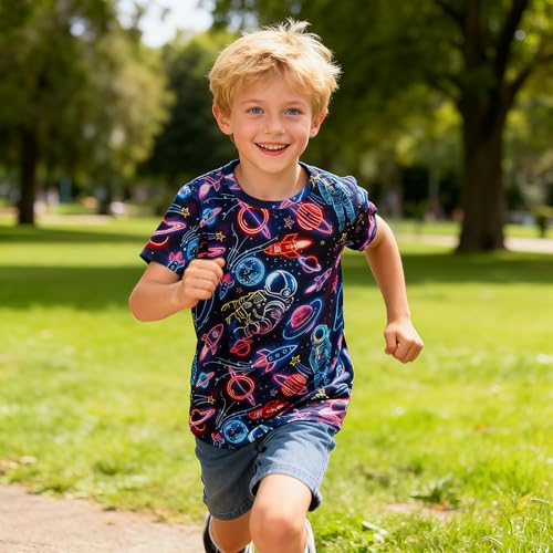 Image of uideazone Neon Rocket Tshirts for Boys Kids 8T Summer 80s Short Sleeve T-Shirt 3D Graphic Print Tee Shirts 8-9 Years