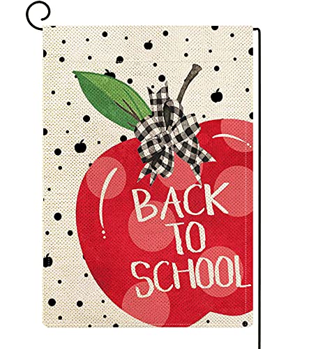 ORTIGIA Welcome BACK to School Garden Flag Double Sided Polka Dot Apple Yard Flag First Day to School Farmhouse Rustic Outdoor Porch Lawn Decoration 12x18inch