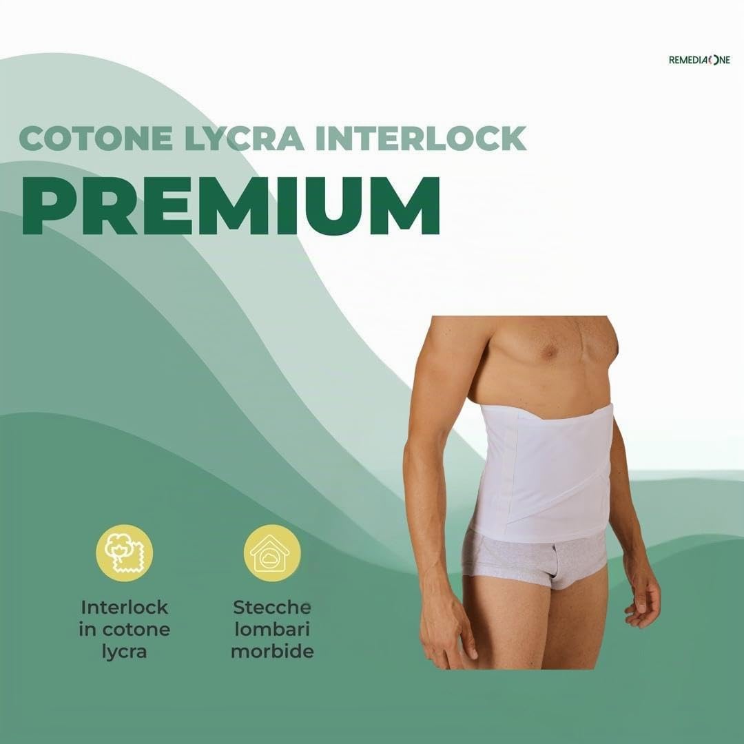 REMEDIA ONE Fascia Lombare Supporto Schiena Elasticizzata, Bianca, Tg 4 | Pancera Contenitiva Donna Uomo Doppia Chiusura Regolabile con Velcro, Fascia Lombare Ortopedica, Cotone Elasticizzato, H.27cm