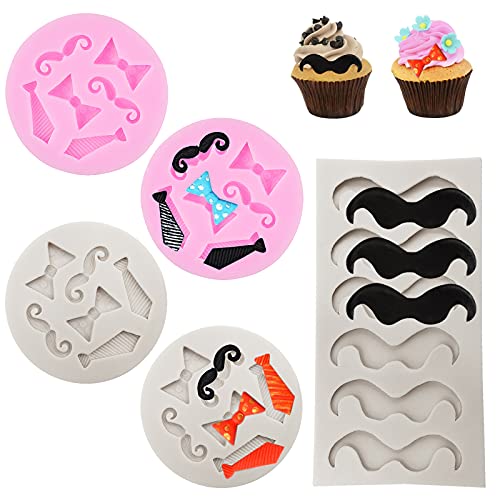 Juego de 5 moldes de silicona para barba, findTop Candy Chocolate Fondant, mini bigote Tie Bow Cake Barba Fondant Moldes (rosa + gris) Cover