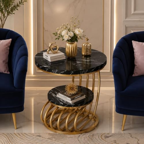 Image of Modern Double-Top Coffee Table with Rustic Farmhouse Accent, Multipurpose Living Room Bedroom, Two-Tier Small Sofa Side Bedside Table with Metal Frame Nightstand (Black God Mg)