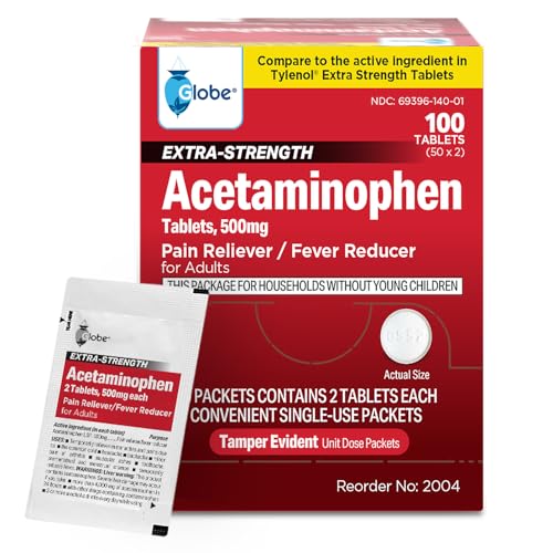 Globe Extra Strength Acetaminophen Tablets 500 mg Pain Reliever and Fever Reducer Gentle on Stomach for Arthritis Pain Backache Pain and More 50 Packets of 2 Tablets Each 100 Count