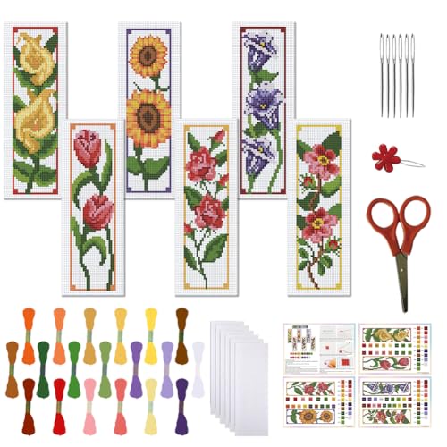 FREEBLOSS Juego de 6 kits de punto de cruz con instrucciones   Juego de aguja perforadora de patrón de 6 flores para principiantes   Kit de fabricación de marcapáginas para regalo