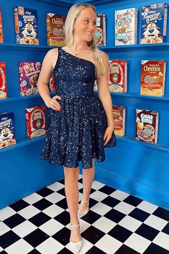 One Shoulder Sequin Homecoming Dresses for Women Teens Sparkly Ruched Short Prom Formal Dress4