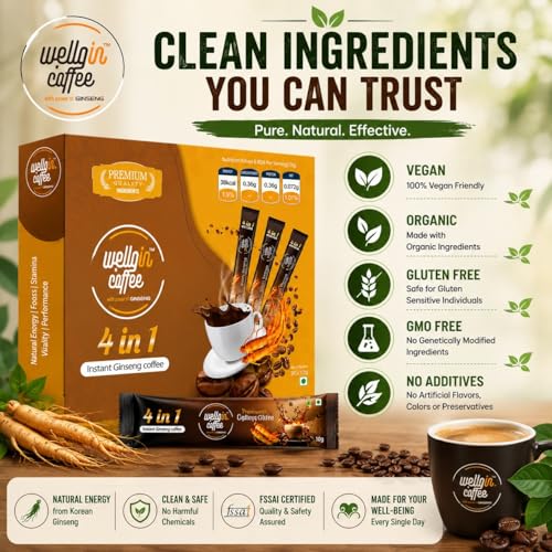 Image of Wellgin Premium Instant Ginseng Coffee | Korean Ginseng Infused Coffee for Energy, Focus & Stamina | Vegan, Organic, Gluten Free, GMO Free | No Added Preservatives | FSSAI Certified | Pack of 10 Sachets