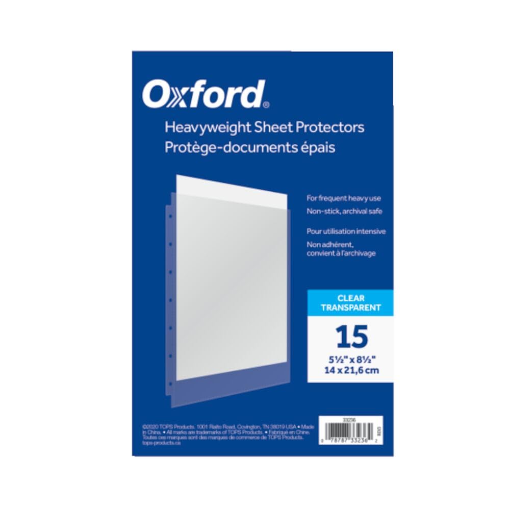 Oxford Sheet Protectors, Heavyweight, Mini Size, 5-1/2 x 8-1/2, Clear Finish, Reinforced 7-Hole Punch, 15 per Pack