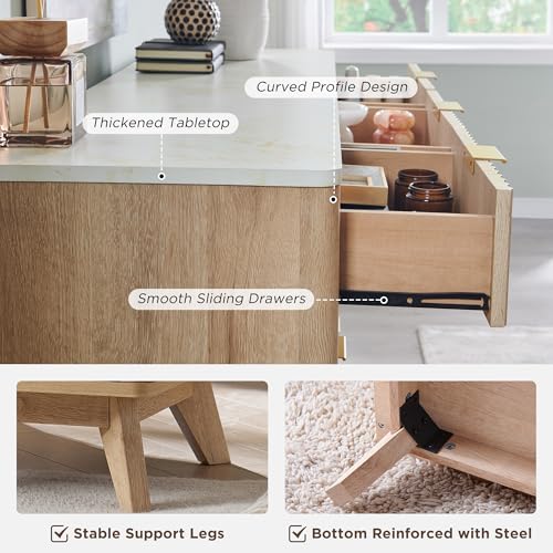 Image of T4TREAM 54 inch Wide Fluted 9 Drawer Dresser for Bedroom, Natural Oak | Mid Century Modern, Faux Marble Top, Curved Profile, Metal Handles, Anti-tip Kit, Smooth Slides, for Living Room, Hallway