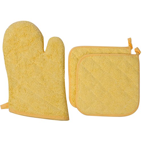 Lifaith 100% Cotton Everyday Kitchen Basic Heat Resistant Oven Mitt and Pot Holder Set, Yellow