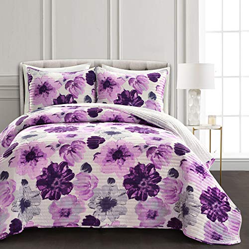 Image of Lush Decor Leah Reversible Floral Quilt Set, 3 Piece Set, King, Gray & Purple - Watercolor Botanical - Cottage Core - French Country Decor- Bedding Queen Size
