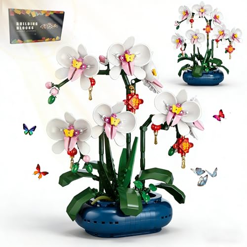 Image of White Orchids Building Blocks Set Compatible with Lego, Butterfly Bonsai Flowers Bouquet with Exquisite Vase Botanical Collection Decor, Artificial Plant Great Toy Gift for Adult, Teen(587PCS)