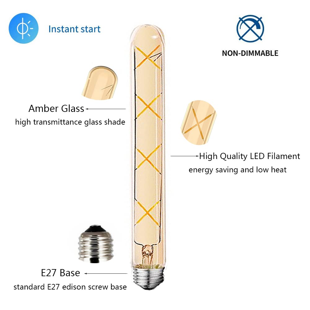 Ruihua 6 Stück E27 T30 8W Bernsteinfarbenes Glas LED Lampe Warmweiß 2700K lange Röhren Edison Birne,T300 700LM Retro Energie Sparen LED Glühbirne,300mm