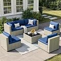 VONZOY Patio Furniture Set, 7-Piece Outdoor Sectional All-Weather Wicker Patio Conversation Set for Backyard (Navy Blue Cushions with Grey Rattan)