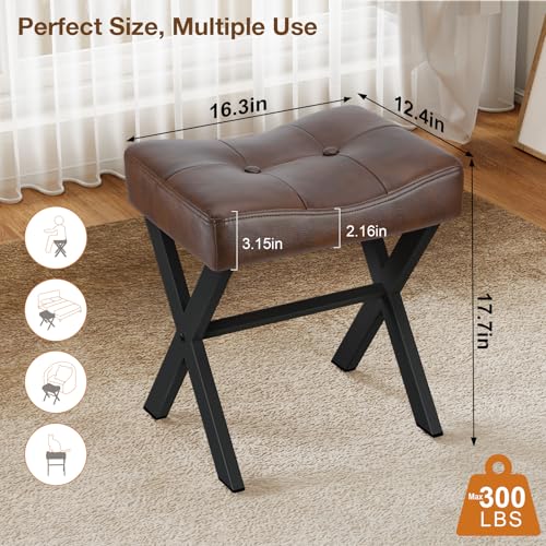 Image of Memobarco 18-Inch Leather Vanity Stool Chair, Vanity Bench with Metal X-Leg, Ottoman Accent Stool with Thick Padded Saddle Seat, Dark Brown