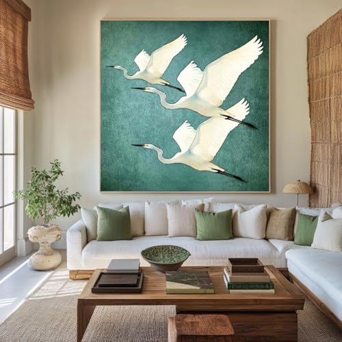 Tableau texturé grues blanches pour habiller un mur vide avec une peinture japonaise vintage