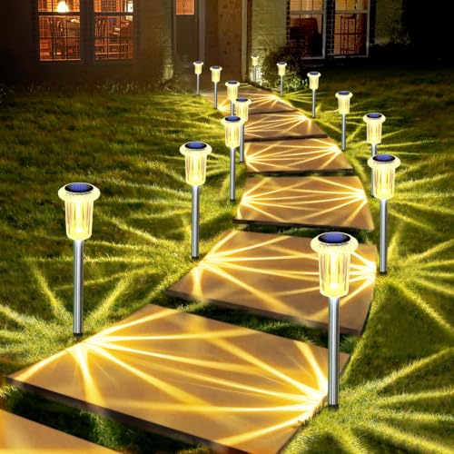 Image of DenicMic Solar Garden Lights Outdoor Waterproof 3000K Warm White LED 10Pack | Pathway Walkway Driveway Yard Garden Decor for Outside Starburst Pattern, Acrylic Diamond-like Lampshade Stainless Steel Pole