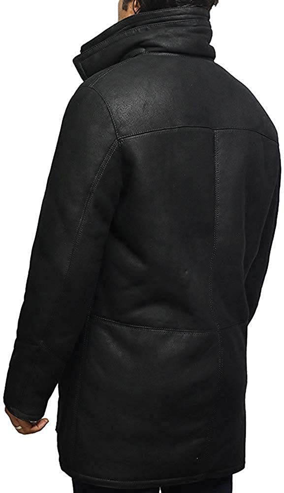 BRANDSLOCK Herren Schaffell Lammfell Leder Warm Duffle Trench Coat