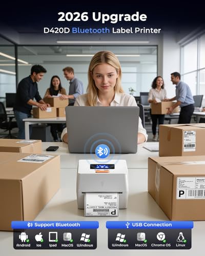 Image of Phomemo Thermal Label Printer with Touchable Screen, 4x6 Bluetooth Shipping Label Printer with Built-in Label Holder, D420D White Thermal Printers for Small Business, Compatible with USPS, Tiktok