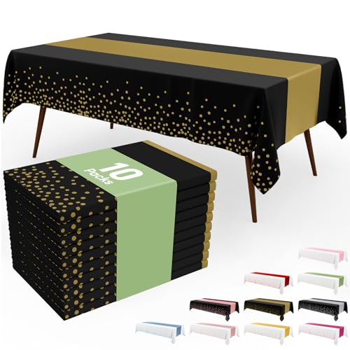 Image of Smiry Plastic Table Cloth Disposable 10 Pack, 54 x 108 Inch Rectangle Waterproof Tablecloth, Printed Gold Table Runner Style for Birthday Weeding, Party Decorations, Leakproof & Sturdy, Black and Gold