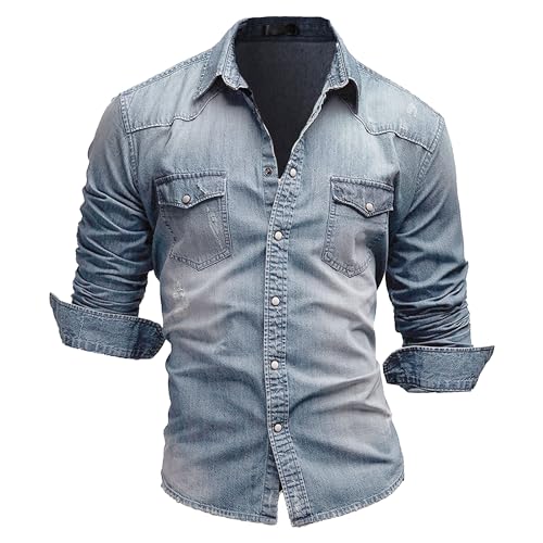 Maiyifu-GJ Men's Western Distressed Denim Shirt Casual Slim Fit Button Down Long Sleeve Wash Work Denim Jean Shirt (Large,Light Blue 1)