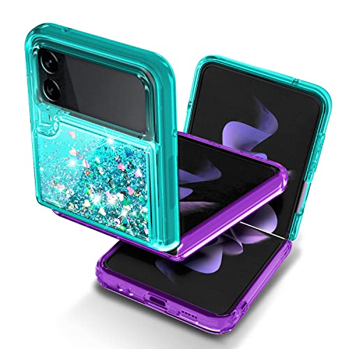 Ngb Supremacy Compatible With Samsung Galaxy Z Flip 3 5G Case (2021) With Ring Holder/Wrist Strap, Liquid Sparkle Floating Glitter Cute Girls Women Protective Case (Aqua/Purple) #TOP3