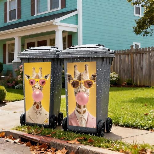 Image of 2 PC Trash Can Sticker 14.57 x 32.28 Inch Funny Giraffe Bubblegum Design Vinyl Sticker with Pink Suit Yellow Background and Sunglasses Pattern for Outdoor Garbage Bin Garden Yard Driveway Home Decor