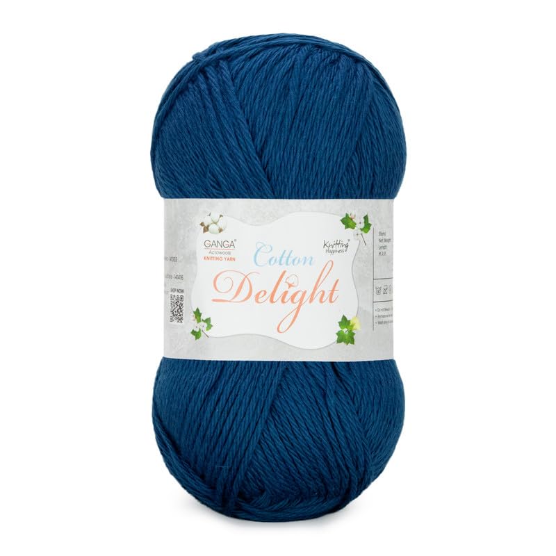 Image of Ganga Acrowools Cotton Delight, Dk Weight Cotton Yarn, Oekotex Class L Certified 100G, 169M, Pack of 1 Ball - 100gm Each, Shade No. - COD086 Denim Blue