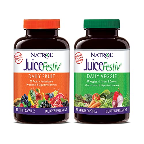Natrol Juicefestiv Daily Fruits & Veggies Capsules, With Selenoexcell, 46 Fruits, Vegetables, Grains & Greens, 45 Servings, Improves Metabolism, Boosts Energy & Well-Being, 180 Ct (Two 90 Ct Bottles) #TOP30