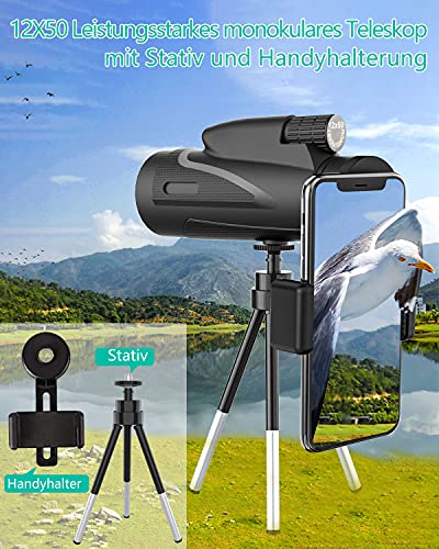 Monokular- DDKJ HD 12x50 Monokular Fernglas, Mini Fernrohr Monokular Scope, Handyhalter&Stativ, Monokular Handy für… – Bild 3